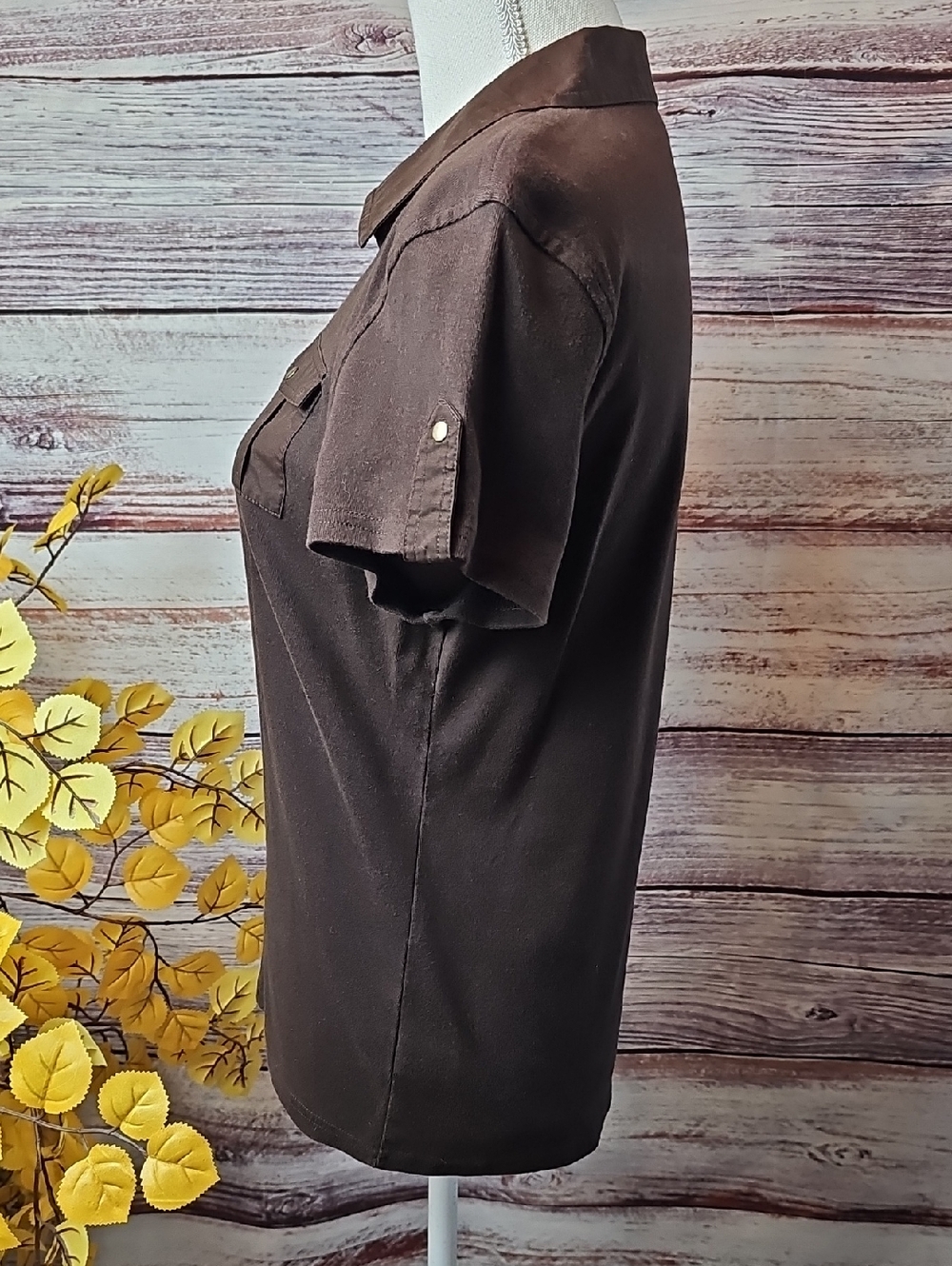 NEW STYLE & CO BROWN SHORT SLEEVE BUTTON-UP UTILITY CAMP SHIRT - Picture 7 of 12